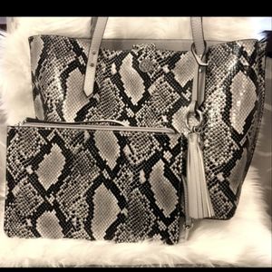Anne Klein Carryall Snakeskin Tote Shoulder HandBag Black Gray + Pouch